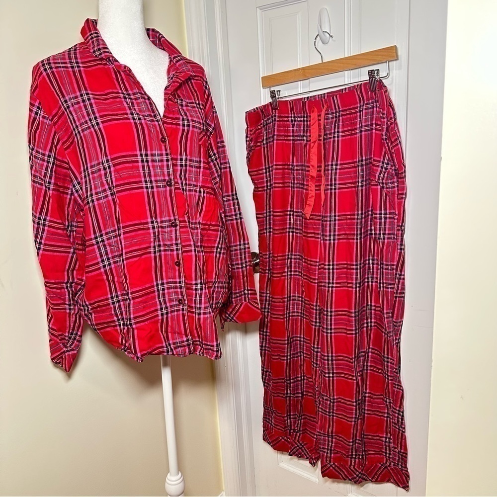Victoria's Secret Pajama Set Top & Pants Red Plaid Button Up Women’s Size XL